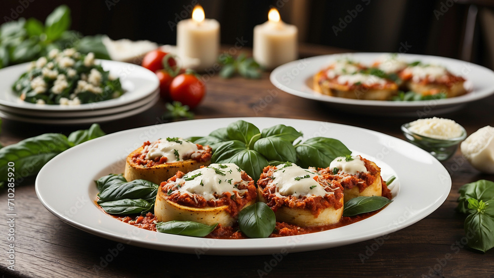 a warm and inviting scene with a veg food plate featuring classic Italian comfort dishes such as eggplant Parmesan