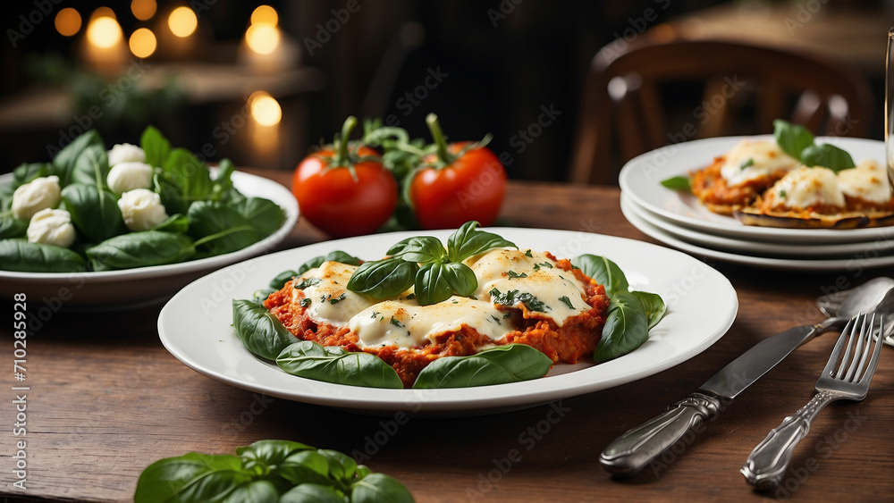 a warm and inviting scene with a veg food plate featuring classic Italian comfort dishes such as eggplant Parmesan a warm and inviting scene with a veg food plate featuring classic Italian comfort dishes such as eggplant Parmesan
