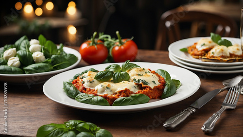 a warm and inviting scene with a veg food plate featuring classic Italian comfort dishes such as eggplant Parmesan