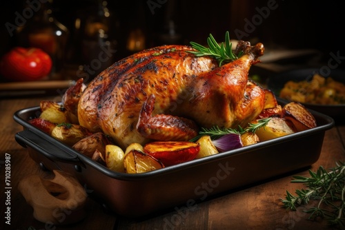 Roasted chicken on the plate, close-up of roasted chicken on the table, Christmas roasted turkey, roasted chicken shop advertising, barbecue shop advertising, supermarket food promotion