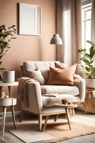 A cozy living room with a warm color palette. It features a comfortable beige armchair  a blank white empty frame mockup on the wall  and pops of color from decorative pillows.