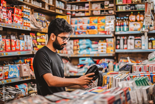 Young Indian man using a barcode scanner while shopping in a grocery store, choosing products from the shelves.