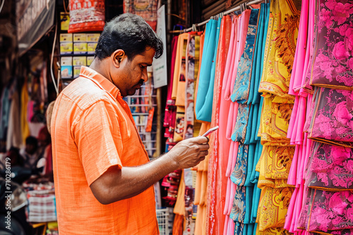 An Indian man carefully chooses from a vibrant selection of colorful fabrics at a bustling market textile shop.