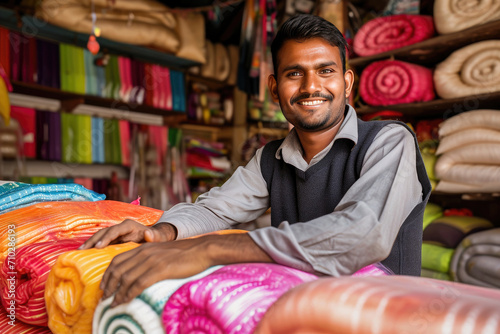 Portrait of a smiling Indian shopkeeper with colorful fabric rolls in a traditional Indian textile market. photo