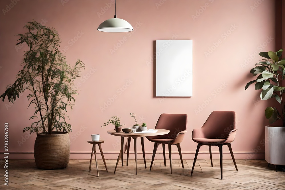An understated interior with a blank white canvas on a pale rose wall, complemented by a subtle olive chair, and the warm ambiance of a pendant light. An understated interior with a blank white canvas on a pale rose wall, complemented by a subtle olive chair, and the warm ambiance of a pendant light.