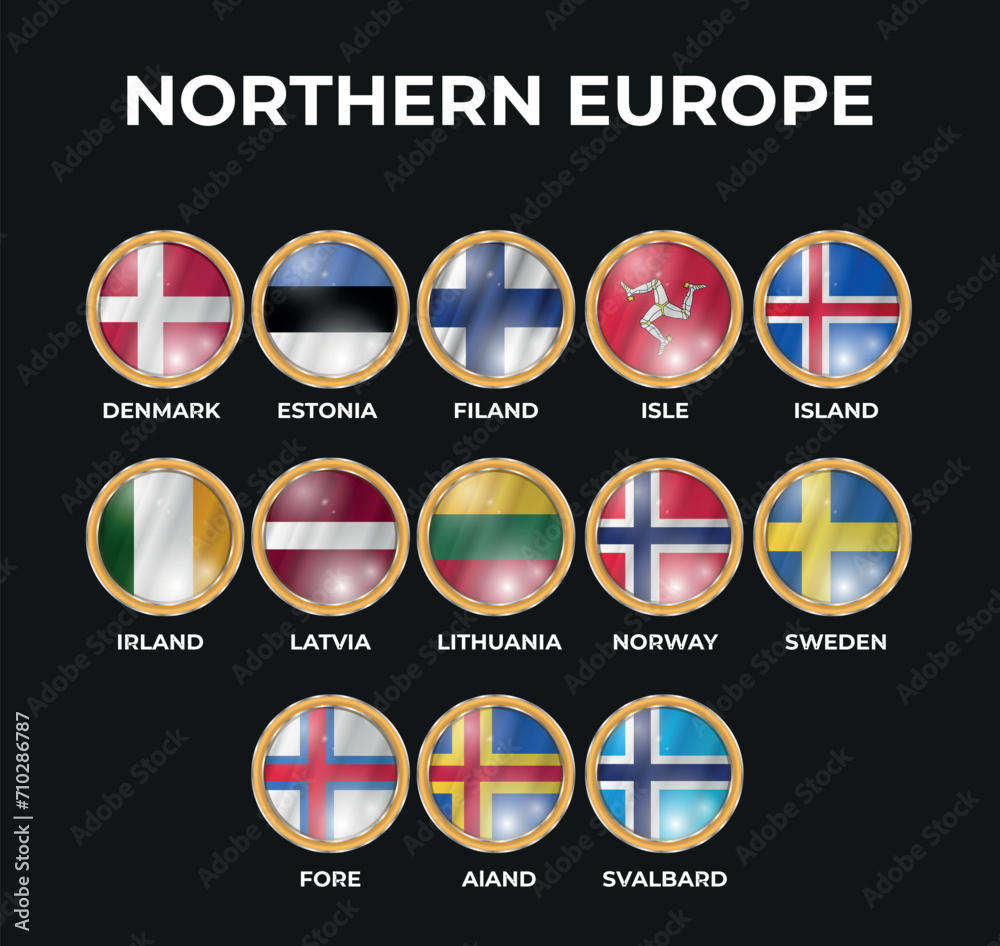 set of 3D illustrations of northern european state flags in circle shape - obrazy, fototapety, plakaty 