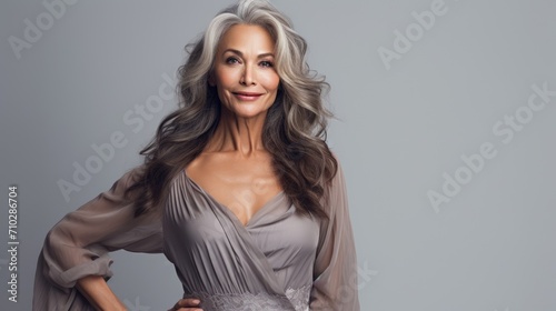 elegant 60 years old woman in grey hair, ai