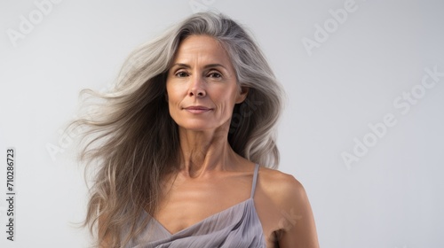 elegant 60 years old woman in grey hair, ai
