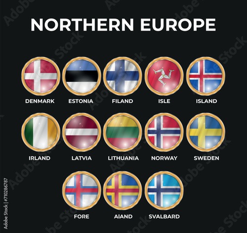 set of 3D illustrations of northern european state flags in circle shape photo