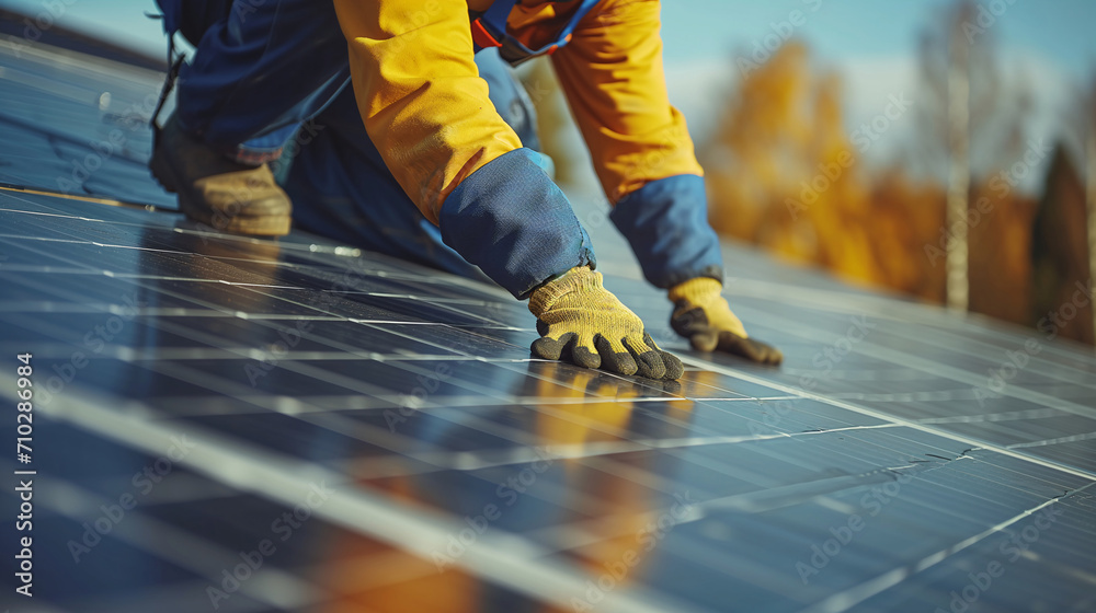 Installation of Photovoltaic Solar Panels by a Technician at Sunset Installation of Photovoltaic Solar Panels by a Technician at Sunset