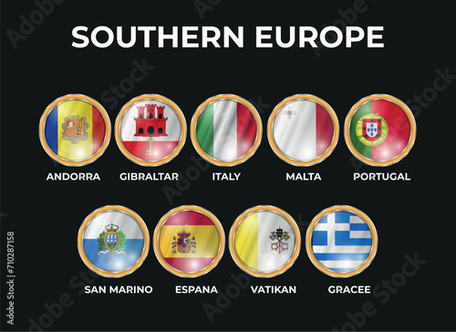 set of 3D illustrations of southern european state flags in circle shape photo