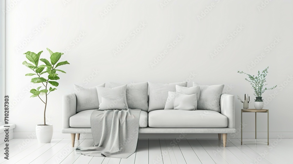 living room interior with sofa and plant on white - obrazy, fototapety, plakaty 