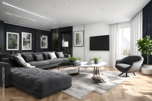 A modern living room with a sleek black sectional sofa  a blank white empty frame mockup on the wall  and pops of color from vibrant artwork. The room is illuminated by recessed lighting.