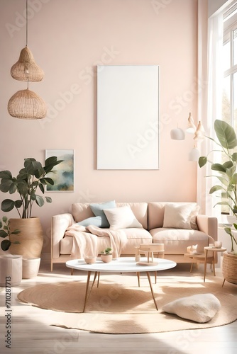 A sun-drenched living room adorned with uncomplicated furniture, showcasing a blank white empty frame mockup against a background of soft, pastel hues.