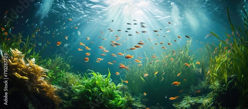 Underwater scenery with plants, fish, diving, photography, wildlife, ocean travel.