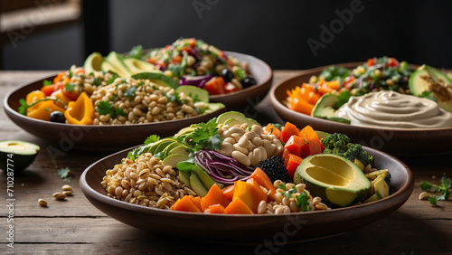 beauty of plant-based eating with a veg food plate filled with vibrant vegan bowls featuring a variety of grains, roasted vegetables, avocado slices, and a drizzle of tahini.