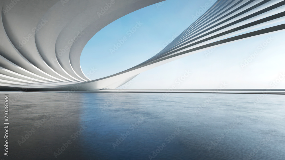 3d render of abstract wavy futuristic architecture with concrete floor. - obrazy, fototapety, plakaty 