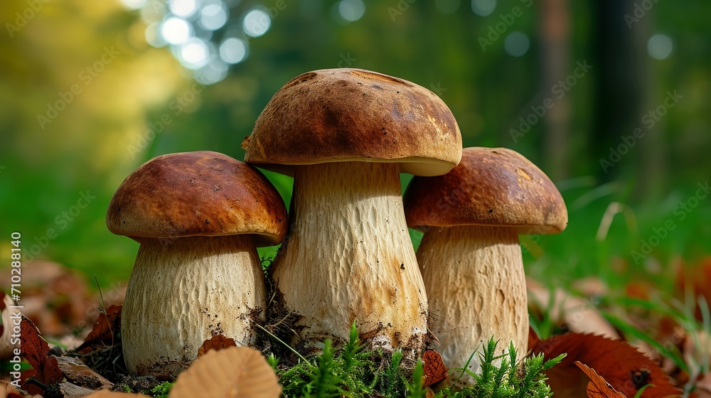 Group Boletus Edulis mushroom with brown hat (cep, porcini, king bolete, penny bun). Edible wild mushroom Group Boletus Edulis mushroom with brown hat (cep, porcini, king bolete, penny bun). Edible wild mushroom