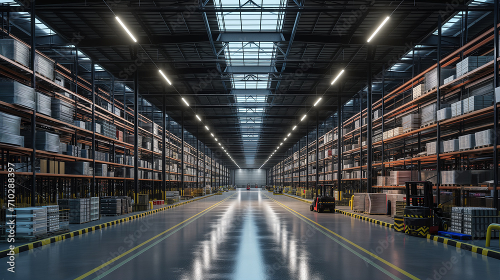 Illuminated Warehouse Aisle: Vast Distribution Center with Inventory and Forklifts - Industrial Scale Storage