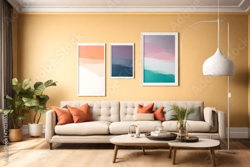 An artistically simple living room featuring a single sofa, an empty white frame mockup on a clear solid color wall, and a vibrant color element, all gracefully lit by a modern pendant light.