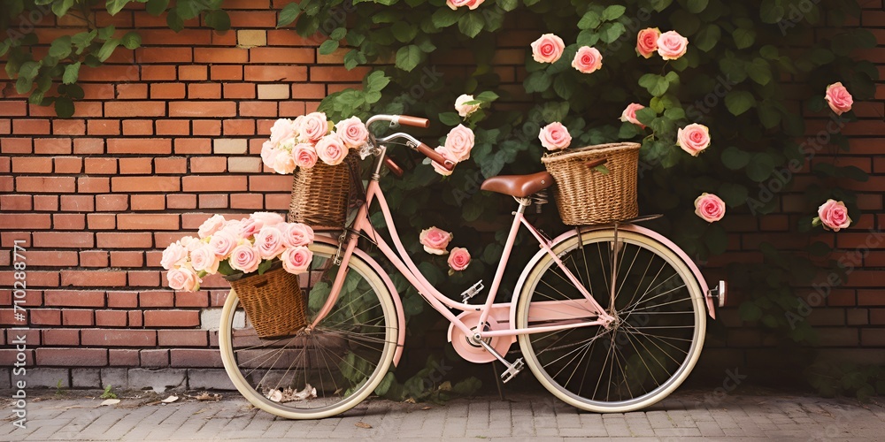 A woman with a vintage bicycle with a basket full of flowers , woman, vintage bicycle, basket, flowers