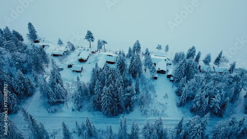 Rural Village Covered With Fresh Snow During Winter. Aerial Drone Shot