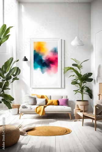 A minimalistic living room with pops of vivid hues  showcasing a blank white empty frame mockup that invites creativity and personal expression.