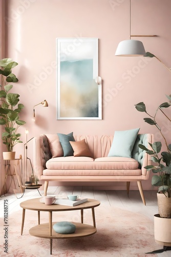 An inviting space featuring simple furniture in a pastel-colored living room  with a vividly hued empty frame mockup waiting to showcase memories.