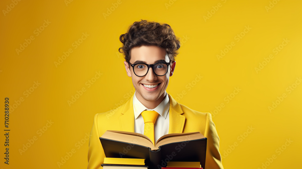 Smiling Man in Yellow Holding Books Against Yellow Background Smiling Man in Yellow Holding Books Against Yellow Background