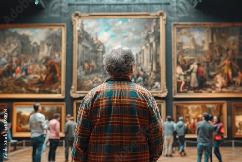 People have art day visiting museum paintings. Ai generative © Planum