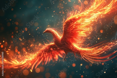 Flying red burning bird phoenix with wire wings. Ai generative