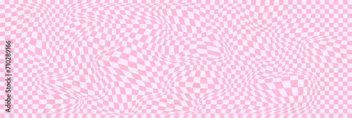 Pink groovy hippie 70s vector background. Chessboard and twisted pattern. Vector psychedelic abstract grid fun wallpaper. Retro style design for print on textile, paper, social media or web design.