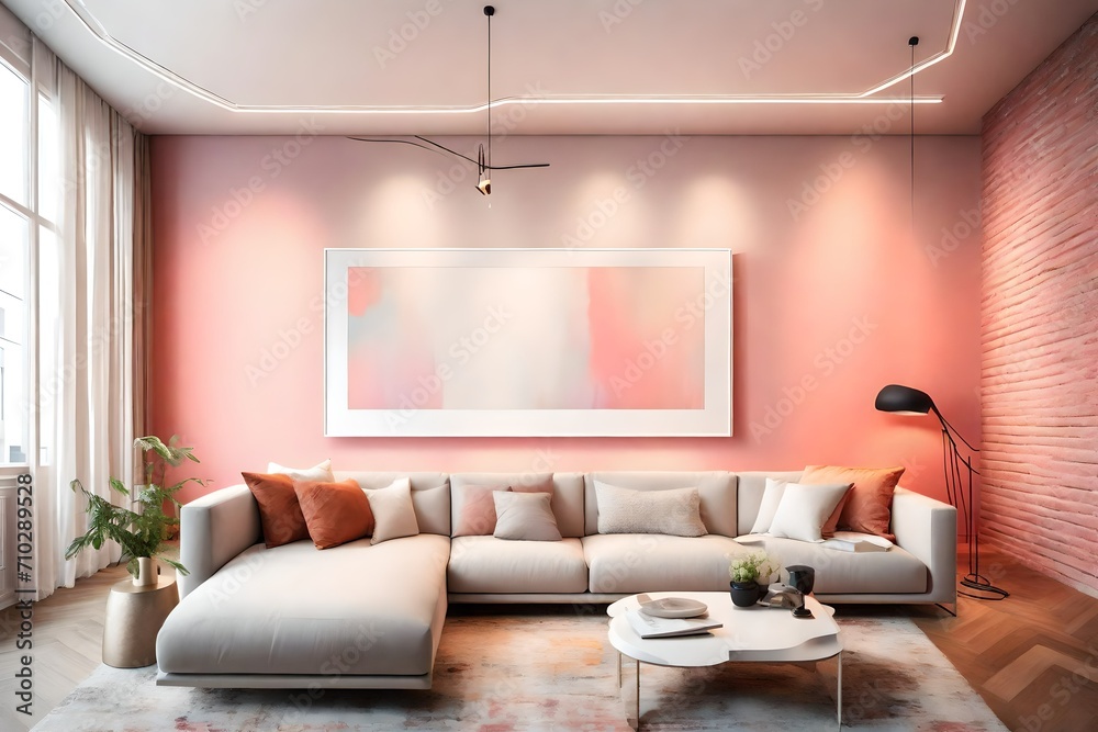 A strikingly beautiful minimalist lounge area boasting a chic sofa, a white frame mockup on a solid color wall, and a splash of lively color, softly lit by the modern charm of a pendant light. A strikingly beautiful minimalist lounge area boasting a chic sofa, a white frame mockup on a solid color wall, and a splash of lively color, softly lit by the modern charm of a pendant light.