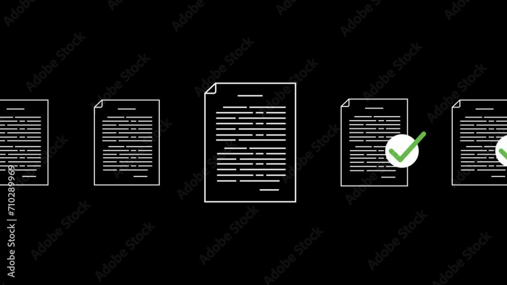 Animated documents with green checkmark moving left to right, perfect for visualizing success. Get this stock footage with transparent background for seamless integration.