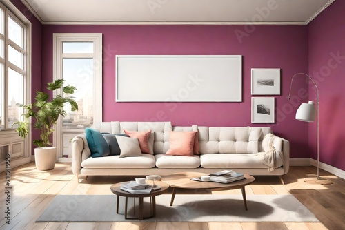 An artistically simple living room featuring a solitary sofa, an empty white frame mockup on a clear solid color wall, and a vibrant color element, all gracefully lit by a modern pendant light.