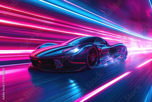 Powerful acceleration of futuristic sports supercar. Ai generative