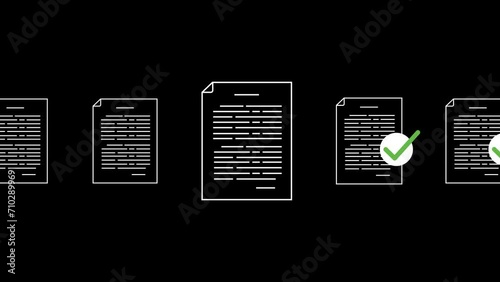 Animated documents with green checkmark moving left to right, perfect for visualizing success. Get this stock footage with transparent background for seamless integration. photo