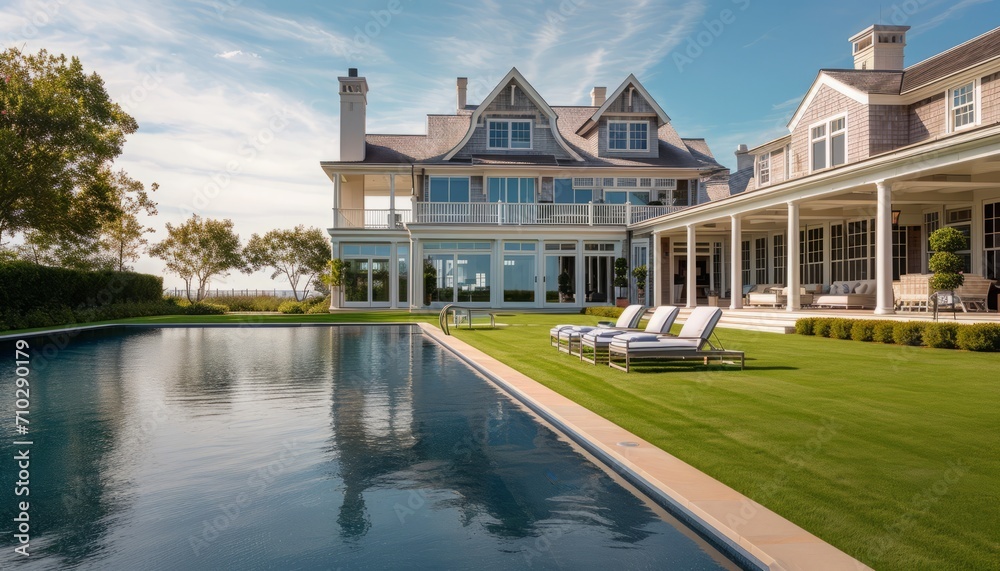 luxury house with beach chairs in front of the pool
