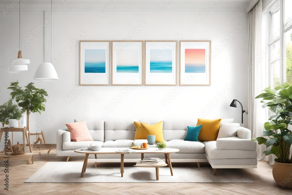 A snapshot of simplicity in a living room adorned with basic furniture, a blank white empty frame mockup, and a refreshing burst of bright colors creating a visually appealing composition. A snapshot of simplicity in a living room adorned with basic furniture, a blank white empty frame mockup, and a refreshing burst of bright colors creating a visually appealing composition.
