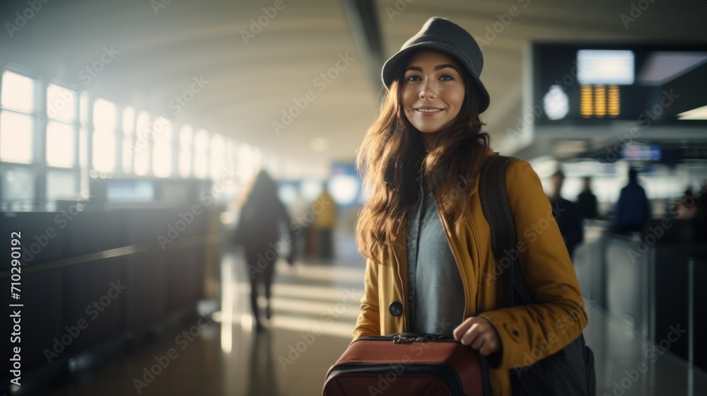 Young female traveler walking with a suitcase at the terminal airport. Concept of an urban transportation and travel - obrazy, fototapety, plakaty 