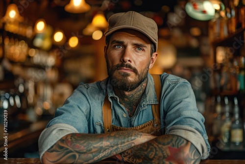 Professional male tattoo master relax in the bar. Ai generative