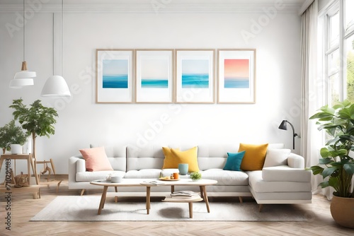 A snapshot of simplicity in a living room adorned with basic furniture, a blank white empty frame mockup, and a refreshing burst of bright colors creating a visually appealing composition. © Tae-Wan