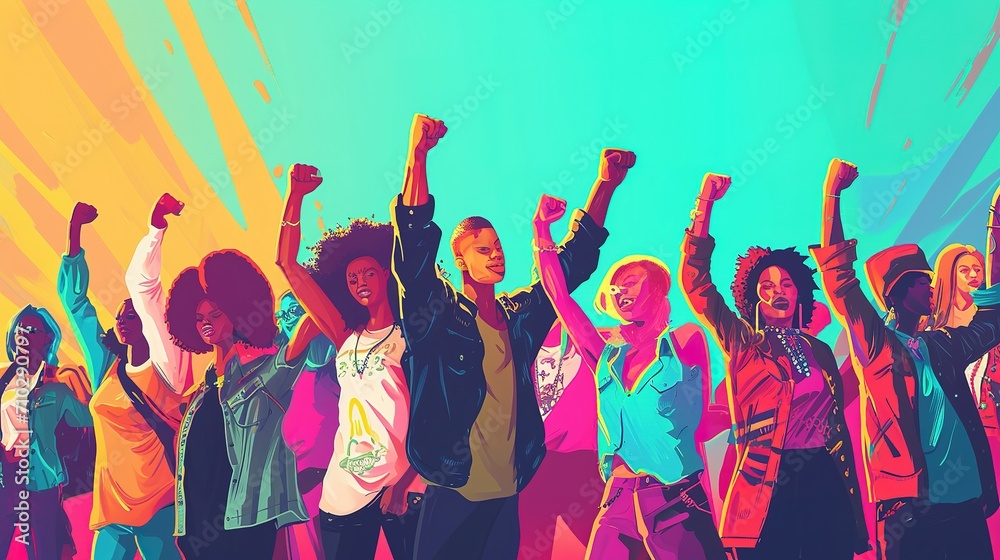 Multi ethnic people raising their fists up in the air, Generative Ai illustration Multi ethnic people raising their fists up in the air, Generative Ai illustration