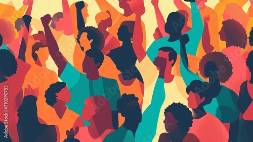 Multi ethnic people raising their fists up in the air, Generative Ai illustration photo