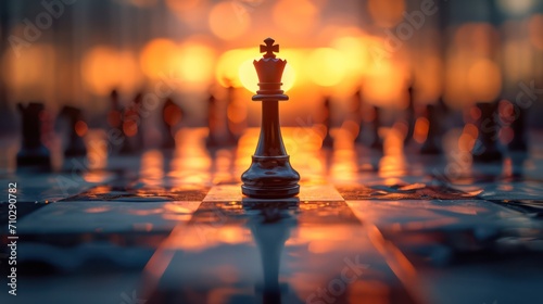 Business strategy concept background with copy space, featuring a prominent chessboard and strategic pieces. 