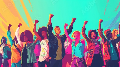 Multi ethnic people raising their fists up in the air, Generative Ai illustration