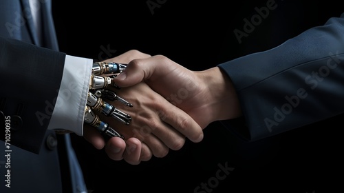 AI Human and robot shaking hands to signify collaboration , AI, human, robot, shaking hands, collaboration