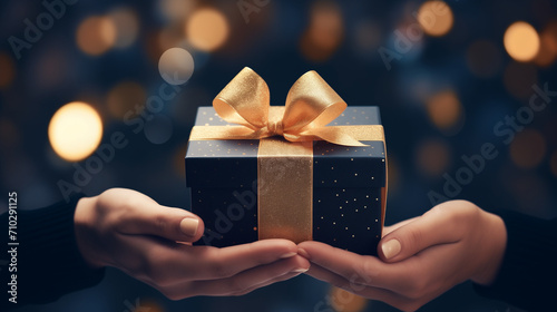 Woman hands holding elegant present gift box with golden ribbon