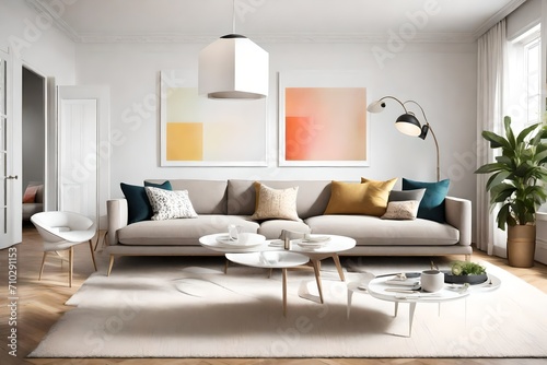 A minimalist living room with sophistication a?" a sofa, a blank white frame, and lively colors, all elegantly lit by a contemporary pendant light. © Tae-Wan