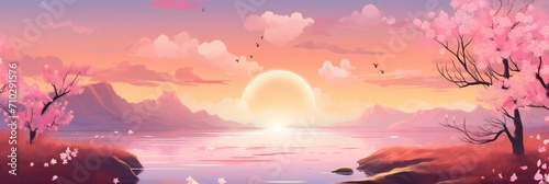 illustration of sunset panoramic view with mountains and field - flat cartoon style.